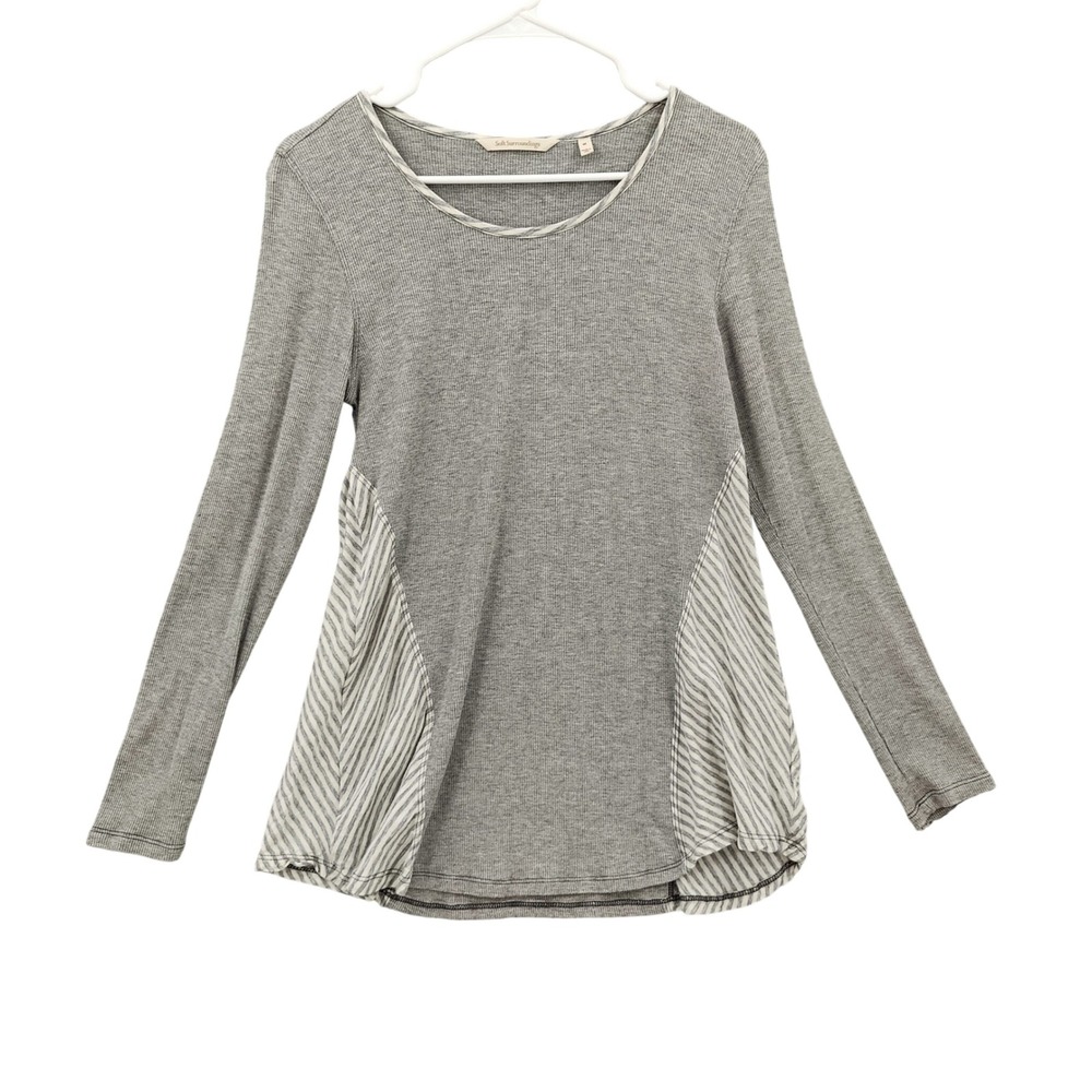 Soft Surroundings Womens Modest Lagenlook Coastal Ribbed Tunic Top M Gray Stripe